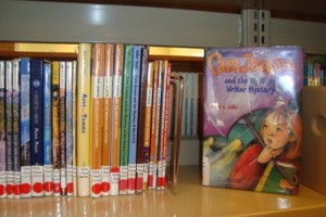 series of Cam Jansen books on a shelf