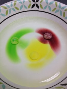 green, yellow, and red skittles color dye being extrapolated