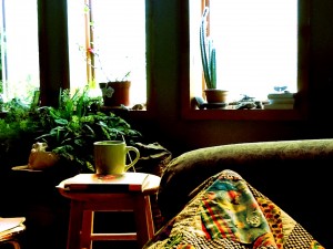 couch with a stool, book, and mug to on one side and window sill in the back