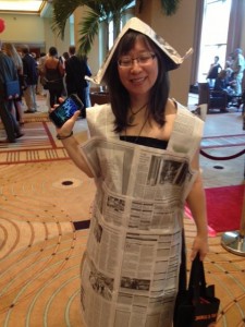 ALA member wearing a newspaper dress