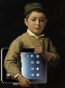 painting of a boy holding an i-Pad