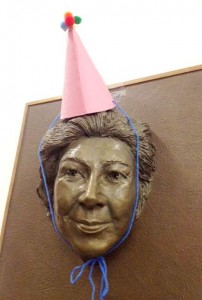 Beverly Cleary statue with a party hat