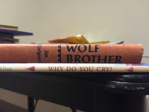 spines of books on a table