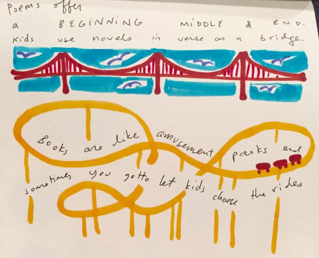 Poems offer a beginning, middle and end. Kids use novels in verse as a bridge. Books are like amusement parks and sometimes you gotta let kids choose the rides.