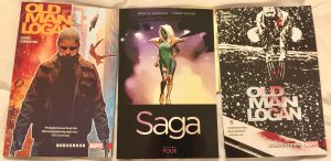 book covers of Old man Logan, Saga, and Old man Logan