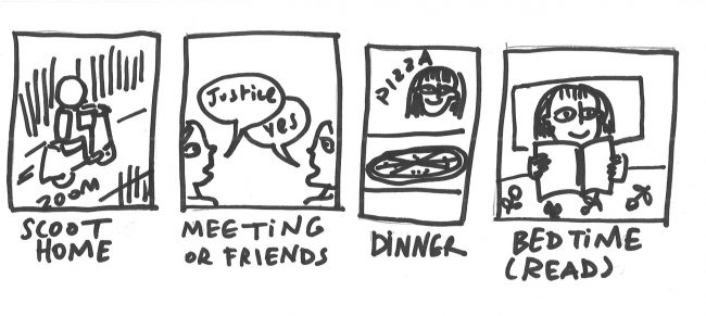 Scoot home, meetings or friends, dinner, bedtime (read)