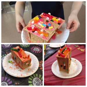 a photo collage of three images, consisting of pictures of graham crackers covered in orange frosting and candy.