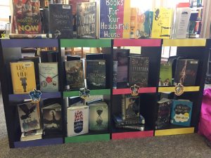 Display by Teen Intern of books sorted by Hogwarts houses
