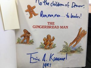 Title page of The Gingerbread Man inscribed by Eric Kimmel