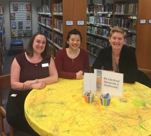 Nina Lindsay (right) visits with Bethany Hoglund (left) and Bernice Chang (center) at the Bellingham Public Library Children's Room