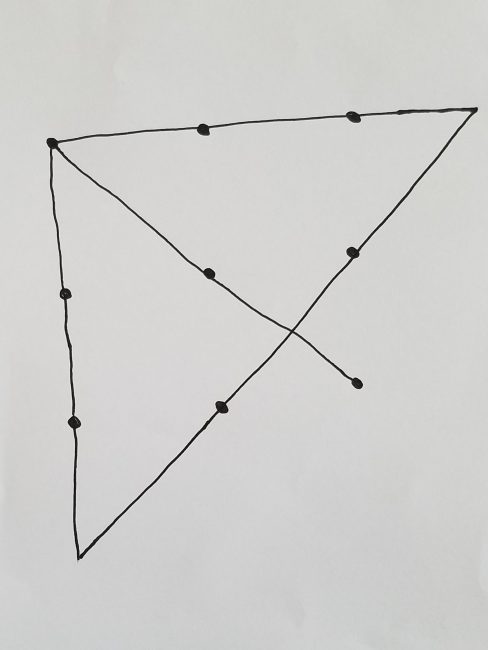 solution to nine dots, four lines problem
