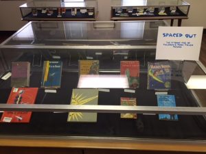The display in the University Archives (de Grummond)during our visit was titled: “Spaced Out: The Atomic Age of Children’s Book Cover Design”.The display included adult titles such as “R Is for Robot” by Ray Bradbury, children’s titles such as “Walt Disney’s Mickey Mouse and His Space Ship” and “Huckleberry Hound”, and graphic novels like “Space Ghost: The Sorceress of Cyba 3”.