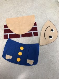 Humpty Dumpty flannel pieces after he falls from the wall and breaks
