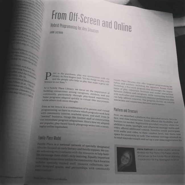 Passive professional engagement: A page from Children and Libraries open to the article From Off-Screen and Online.