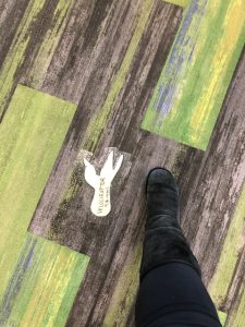 Dino life sized scan footprint taped to the floor.