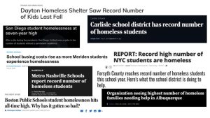 Collection of news headlines about rise in student homelessness