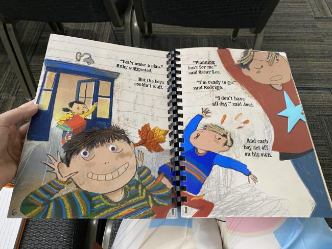 A spread from Brenda Maier's The Little Green Swing, adapted to include tactile elements to meet students' sensory needs. 