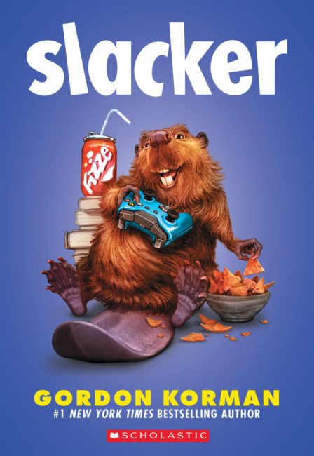 Slacker by Gordon Korman Book Cover. Book Cover from Scholastic. An illustration of a beaver playing a video game and eating chips.