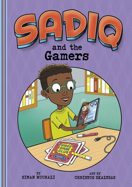 Sadiq and the Gamers by Siman Nuurali Book Cover. Book Cover from Capstone. An illustration of a boy playing a racing game on a tablet.
