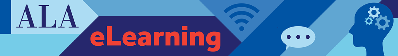 The text "ALA eLearning" is on the left against a blue background. To the right is a speech bubble and a silhoutte of a head with gears in it.