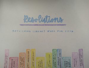 The word Resolutions appears in blue text over a purple line. Underneath, the words Rethinking Library Work for 2026 appear in blue capital letters. Beneath the lettering, a row of book spines appear in rainbow colors. Each book spine includes a different resolution as its title.