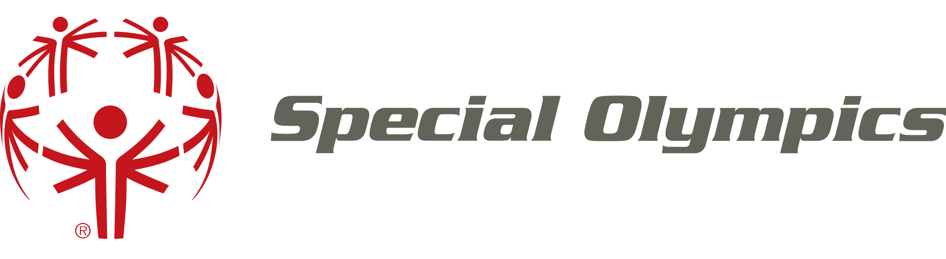 Red stick figures, holding hands in a circle next to grey text reading "Special Olympics"