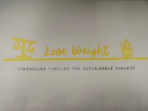 Yellow script reads Lose Weight. On the right, a scale stands unbalanced. On the left, a cup holds office supplies. Underneath, black text reads Streamline Supplies for Sustainable Success.